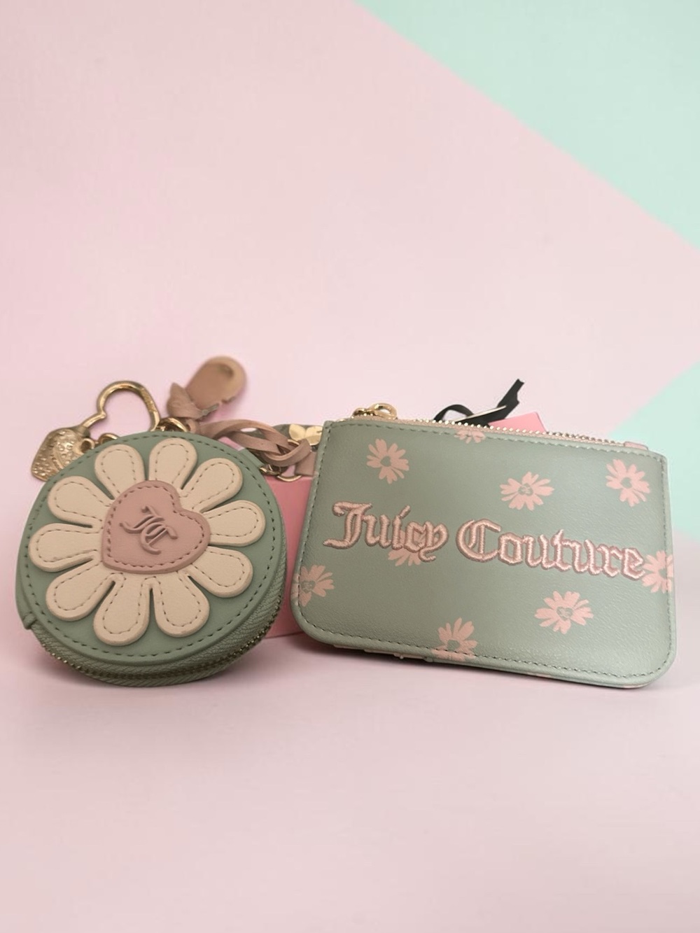 Juicy Couture Mint & Pink Floral Coin Pouch and Keyring Set